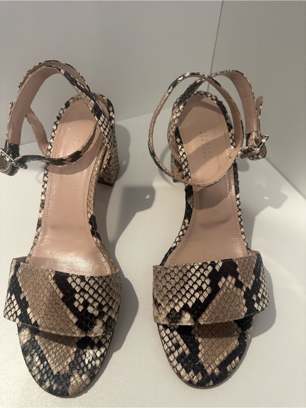 Barney’s Snake-Print Ankle Strap Sandals in Beige